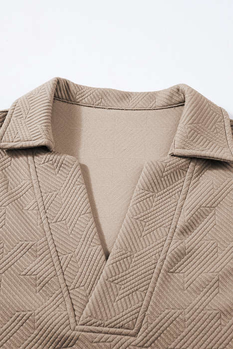 Pale Khaki Textured V Neck Collared Short Sleeve Top