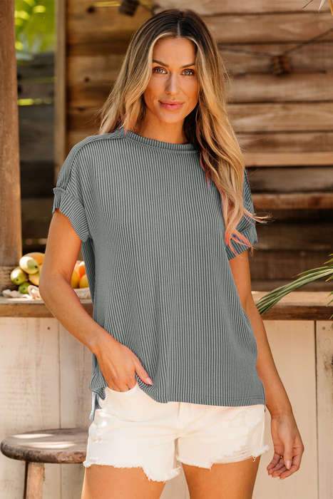 Medium Grey Textured Knit Exposed Stitching T-shirt