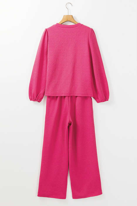 Rose Red Textured Puff Sleeve Top and Pants Set