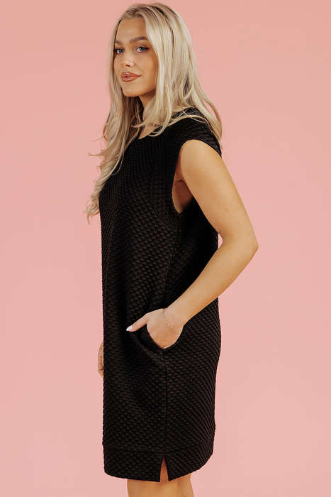 Black Textured Cap Sleeve T-shirt Shift Mini Dress