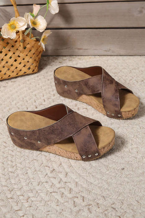 Coffee Criss Cross Cut Out PU Leather Wedge Slippers