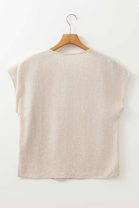 Jet Stream Geometric Embroidered Short Sleeve Tassel Tied V Neck Blouse