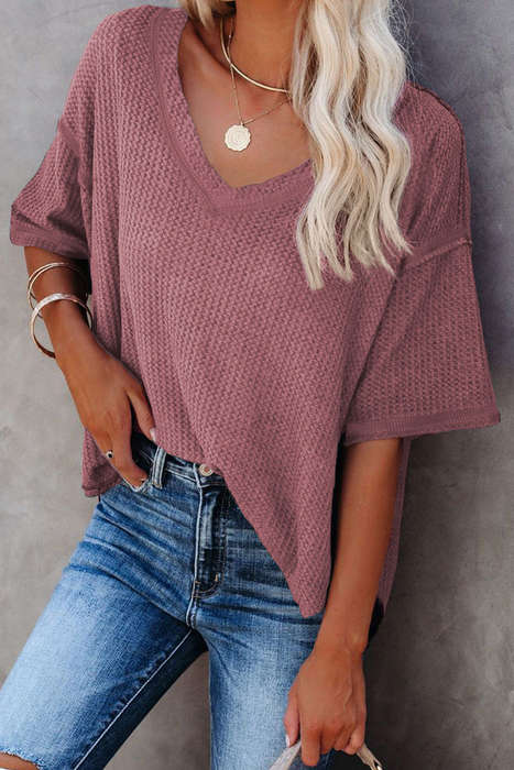 Exposed Seam Half Sleeve Knitted V Neck Textured Top
