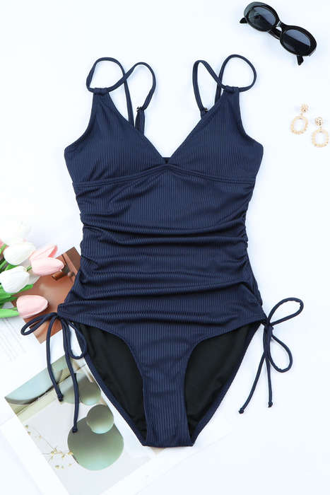 Blue Adjustable Straps Ribbed Knit One Piece Swimsuit