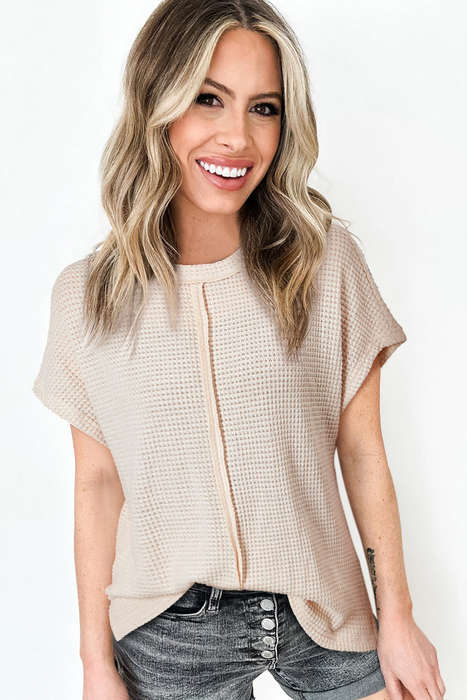 Pale Khaki Solid Color Textured Seamed Short Sleeve Top
