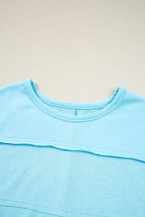 Aruba Blue Plus Size Solid Color Splicing Raw Hem Pullover Top Shorts Set