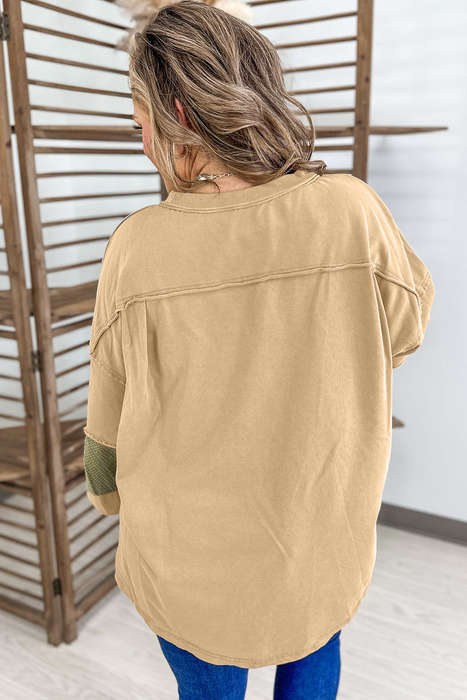 Laurel Green Exposed Seam Contrast Texture Patchwork Plus Size Drop Shoulder Pullover