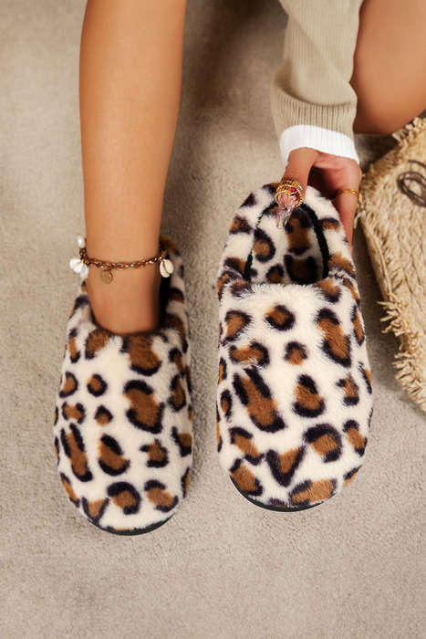 Coffee Leopard Plush Round Toe Flat House Slippers