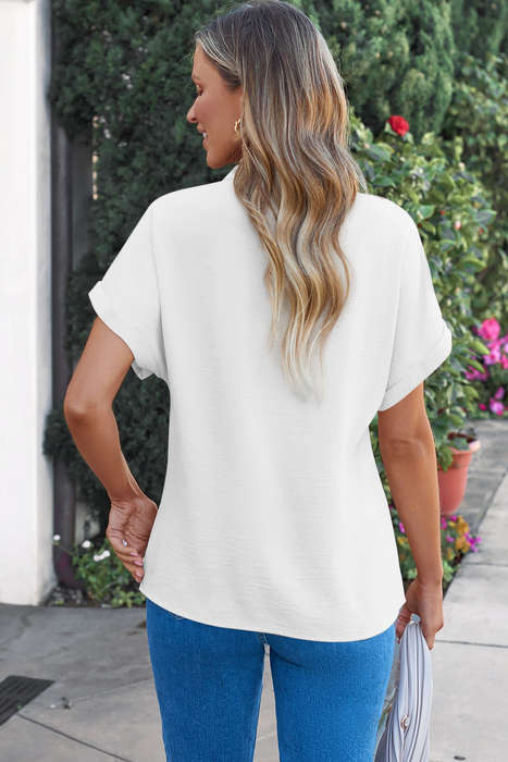 White Notched Neck Batwing Sleeve Lightweight Blouse