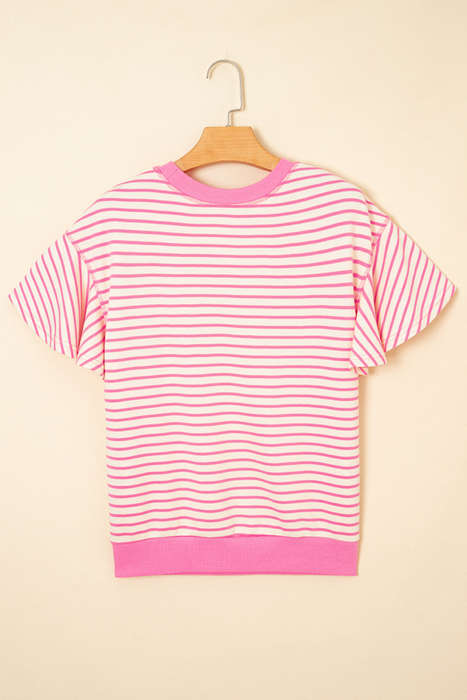 Sachet Pink Striped Guitar Patched Ruffle Short Sleeve Crossed Seam Blouse