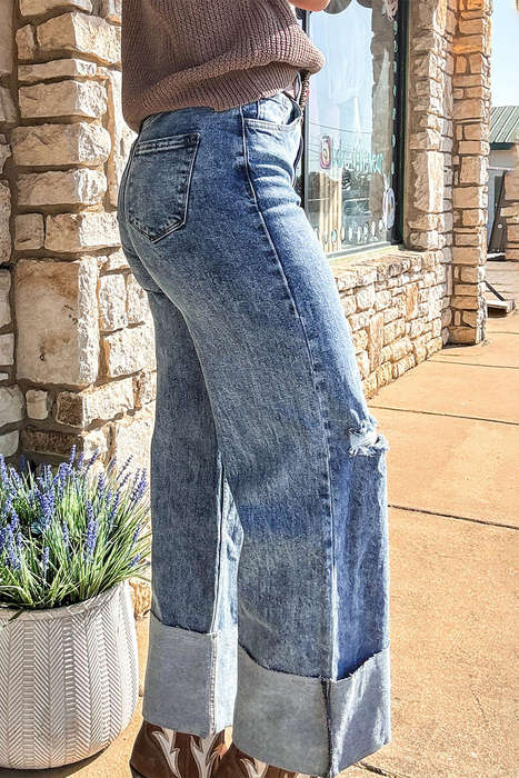 Ashleigh Blue Mineral Wash Bottom Cuff Distressed Wide Leg Jeans