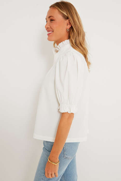 White Frilled Edge Half Button Stand Neck Bubble Sleeve Blouse