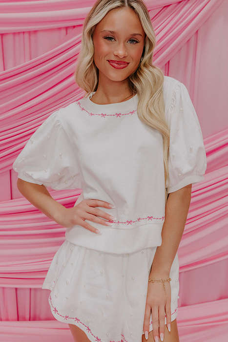 White Contrast Bow Trim Pearl Puff Sleeve Blouse and Skort 2pcs Set