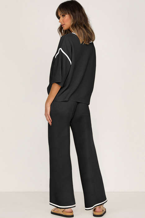 Black Contrast Trim Half Sleeve Top Drawstring Pants Loose 2pcs Sweater Suit