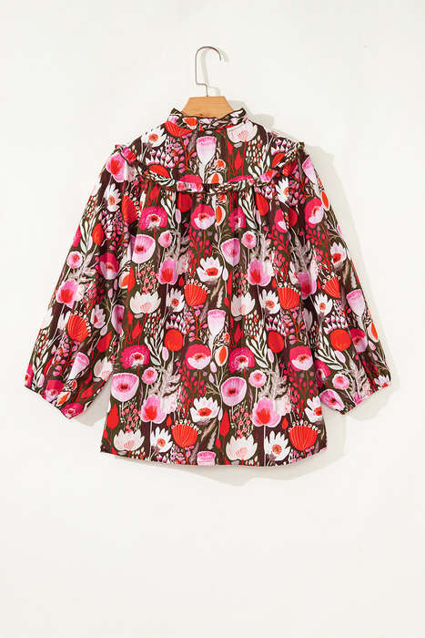 Red Floral Three Quarter Sleeve Lace-up Neck Blouse