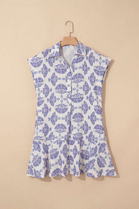Sky Blue Printed Shirt Collar Half Button A-line Mini Dress