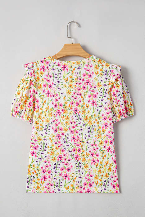 Pink Floral Puff Short Sleeve Crewneck Blouse