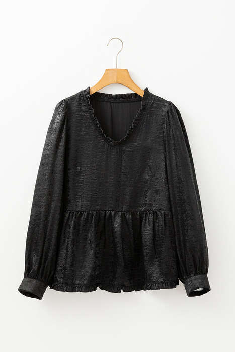 Black Metallic Frilled V Neck Puff Sleeve Babydoll Blouse