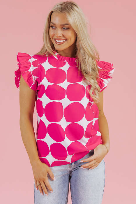 Rose Bubblegum Pattern Frilled Collar Flutter Sleeve Top
