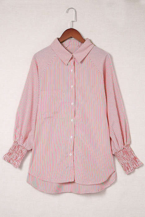 Red Stripe Smocked Cuffed Striped Boyfriend Shirt with Pocket