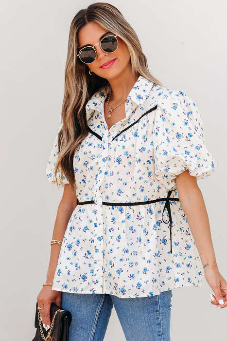 White Contrast Trim Floral Puff Short Sleeve Shirt