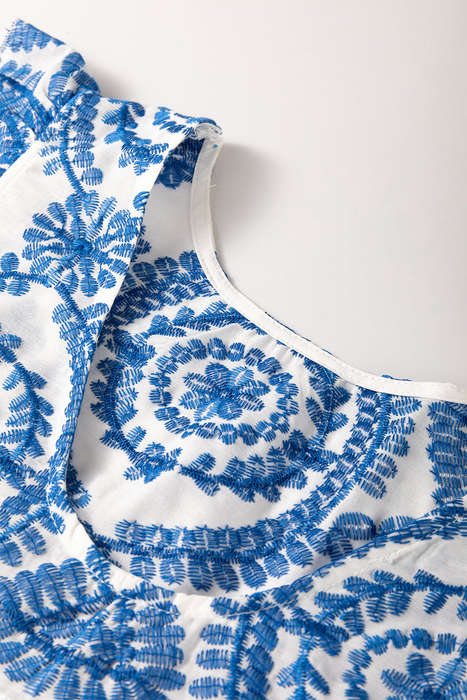 Blue Boho Print Flutter Sleeve Crew Neck Blouse