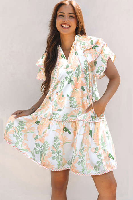 Orange Floral Contrast Edge Layered Short Sleeve Mini Dress