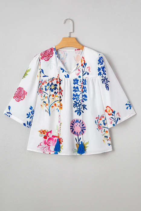White Floral Print Tassel Tie Bracelet Sleeve Flowy Blouse
