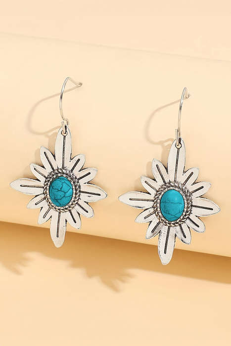 Silvery Western Turquoise Flower Shape Hook Earrings