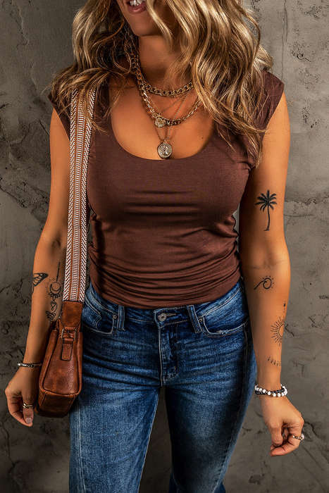 Coffee Solid Color U Neck Slim Fit Tank Top
