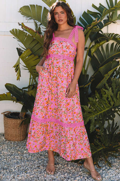 Rose Floral Lace Tied Strap Empire Waist Maxi Dress