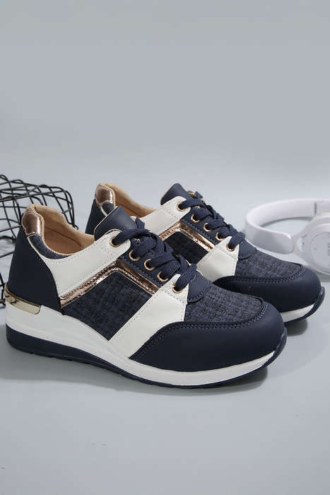 Sail Blue Glitter Patched Lace-up Wedge Sneakers