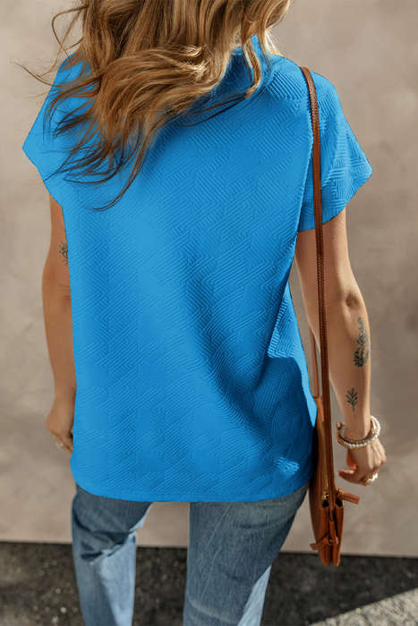 Sky Blue Textured V Neck Collared Short Sleeve Top