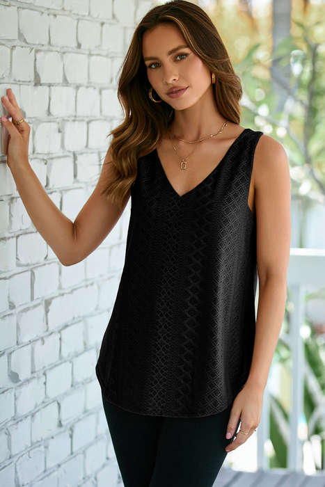 Black Eyelet Knit Patterned Loose V Neck Tank Top