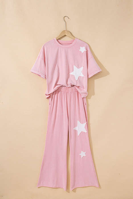Light Pink Acid Wash Star Patched Rolled Trim Pants Set