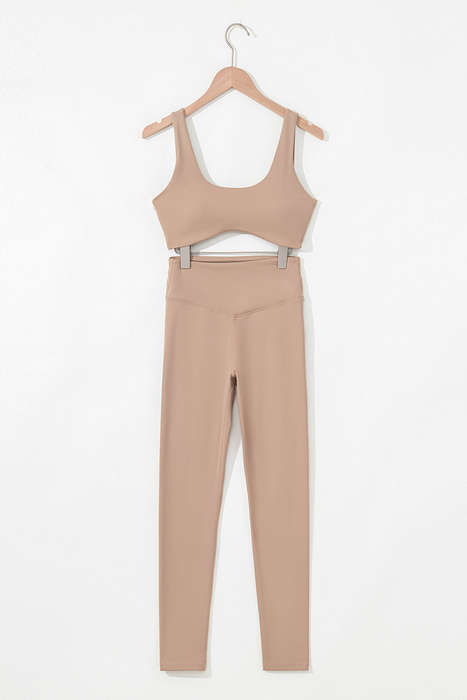 Light French Beige Solid Color Active Bra and High Waist Leggings Workout Set