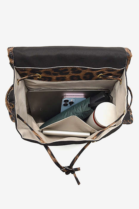White Leopard Patchwork Flap PU Leather Large Backpack