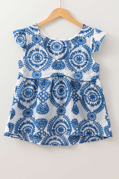 Blue Boho Print Flutter Sleeve Crew Neck Blouse
