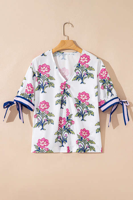 White Floral Colorblock Stripe Knot Bubble Sleeve V Neck Blouse