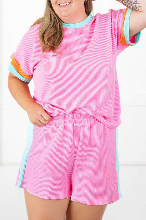 Bonbon Plus Size Color Block Corded Knit Tee and Shorts Set