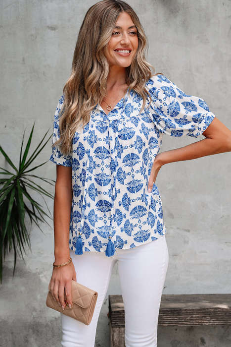 Sky Blue Geometric Print Tassel Drawstring V Neck Blouse