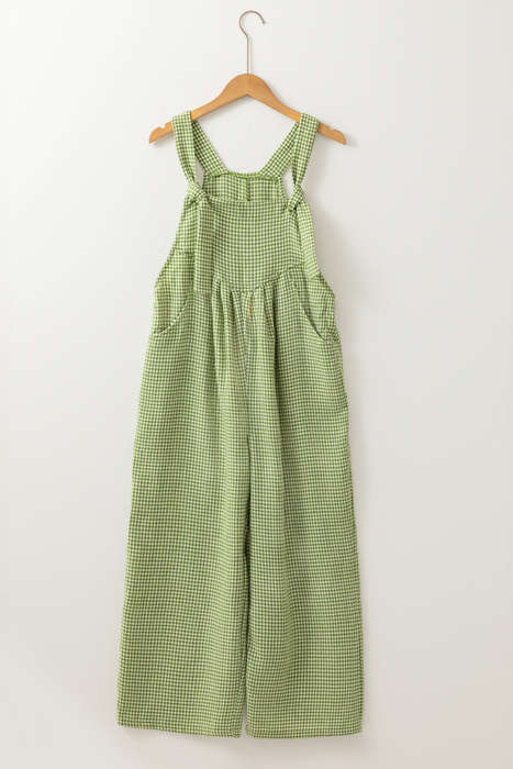 Green Gingham Wide Leg Loose Overall with Pockets
