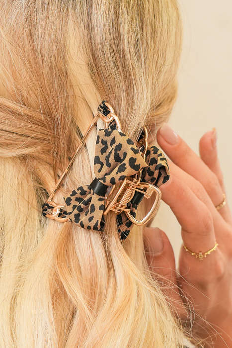 Camel Leopard Print Bow Decor Alloy Hair Claw Clip
