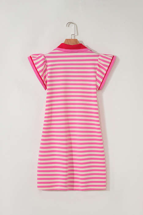 Sachet Pink Stripe Print Contrast Collar Split Neck Flutter Sleeve Short Dress
