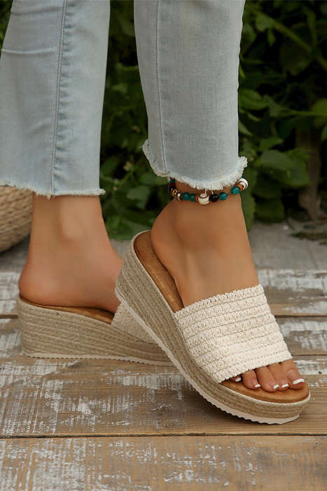 White Woven Wide Band Platform Slippers