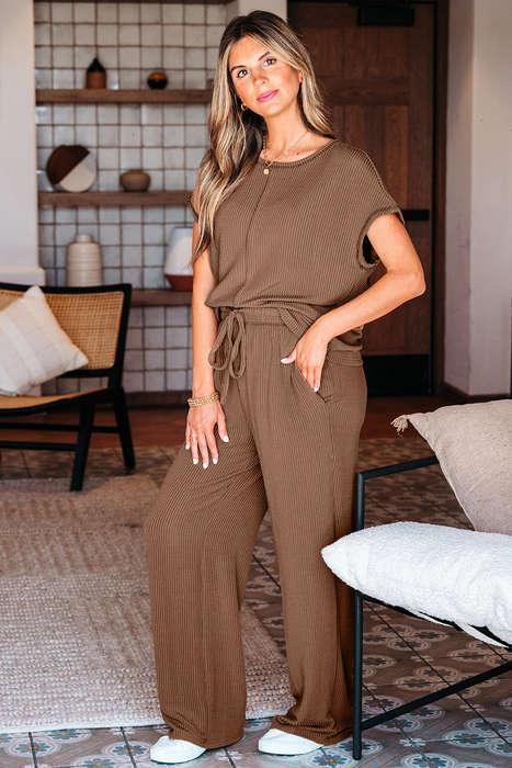 Coffee Solid Color Corded Short Sleeve Top and Casual Pants Set
