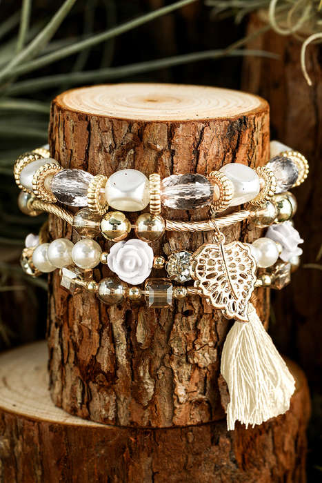 White Bohemian Rhinestone Beaded Fringed Layered Bracelet