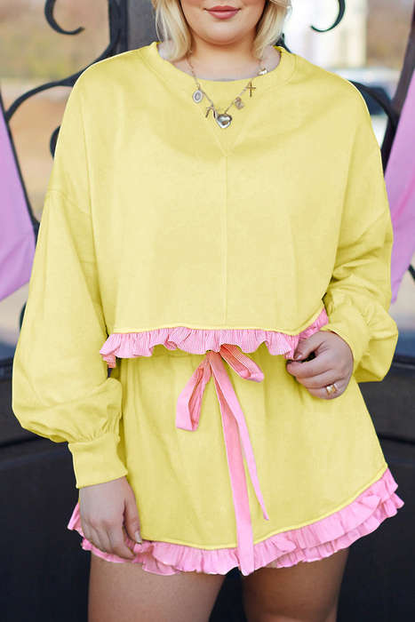 Yellow Contrast Plaid Ruffle Patchwork Pullover Top and Shorts Plus Size Set