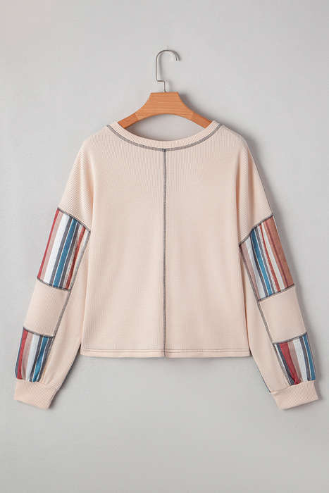 Beige Striped Waffle Patchwork Exposed Seam Raw Edge Casual Knit Top