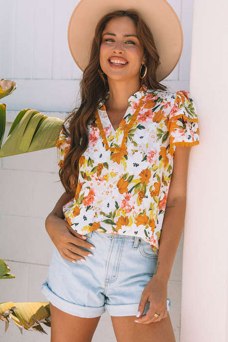Russet Orange Ruffled V Neck Scalloped Short Sleeve Floral Blouse